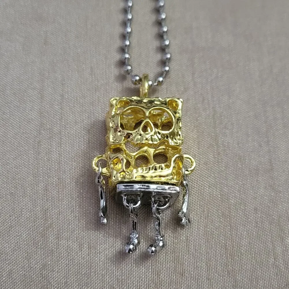 Men's Zombie Spongebob with moving limbs silver & gold tone ball chain necklace